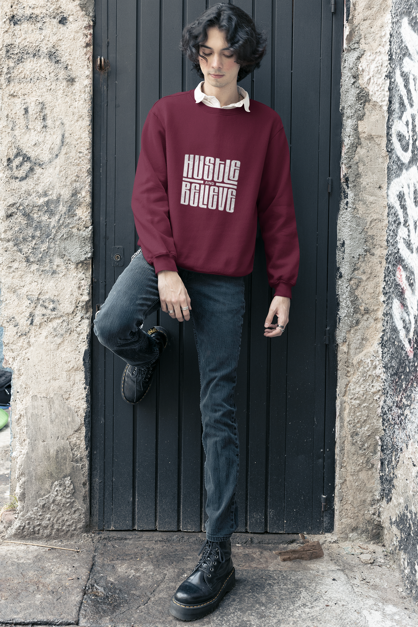 Hustle and Believe Graphic Sweatshirt – Maroon