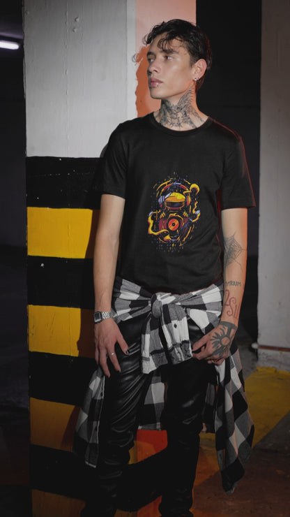 Black Graphic Tee – Futuristic DJ Helmet Design